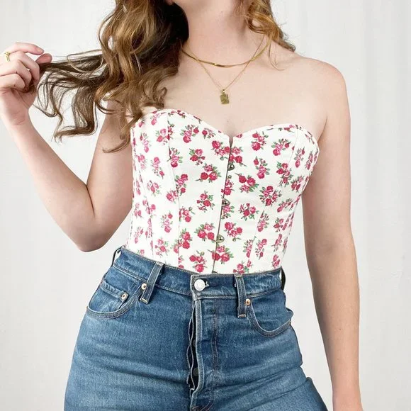 Vintage Corset Bustier Floral Lace Up Cottagecore Strapless Pin-Up Sexy Lingerie - Picture 2 of 5